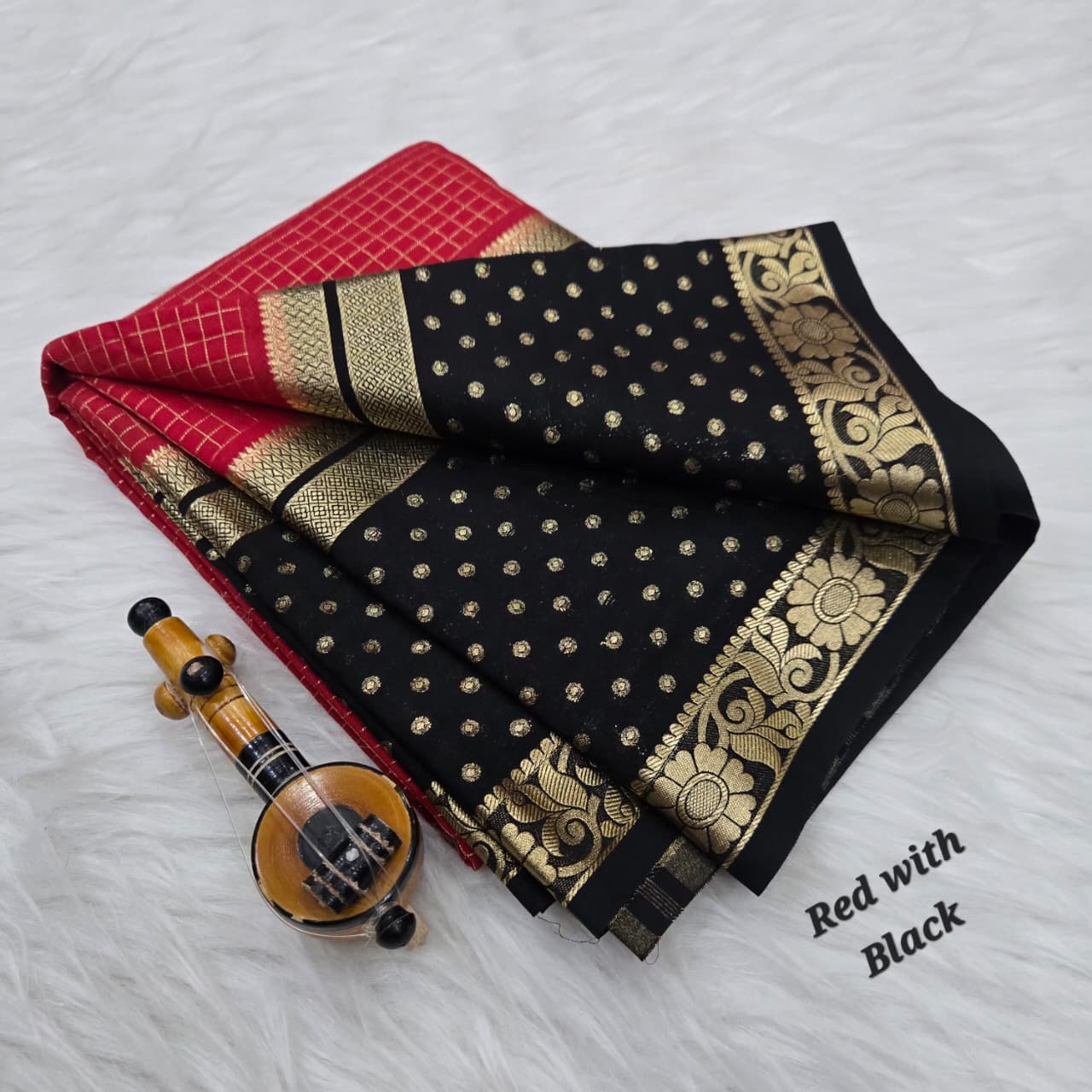 Red and Black  Premium Quality Semi Mysore Crepe Silk Saree.